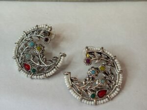 Navratna Pearl Crescent Stud Earrings