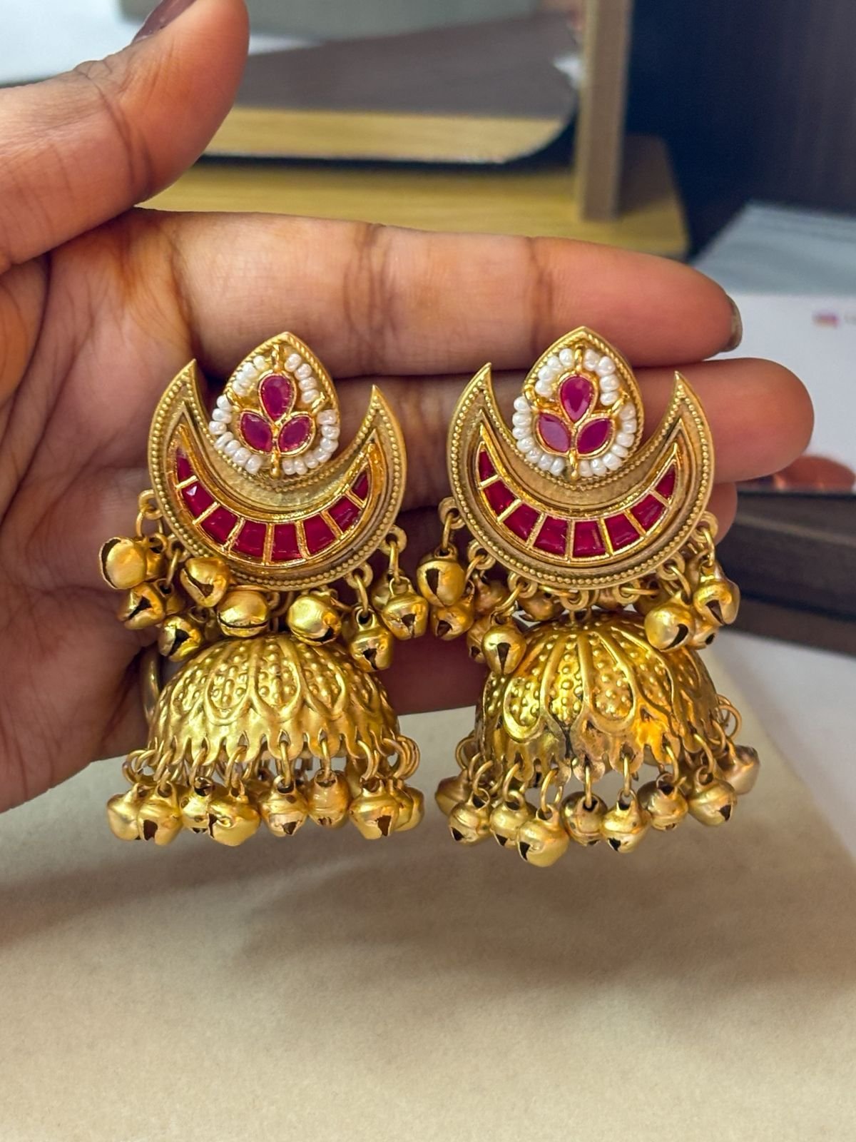 Kashmir Noor Pink Jhumka Earrings - Image 4