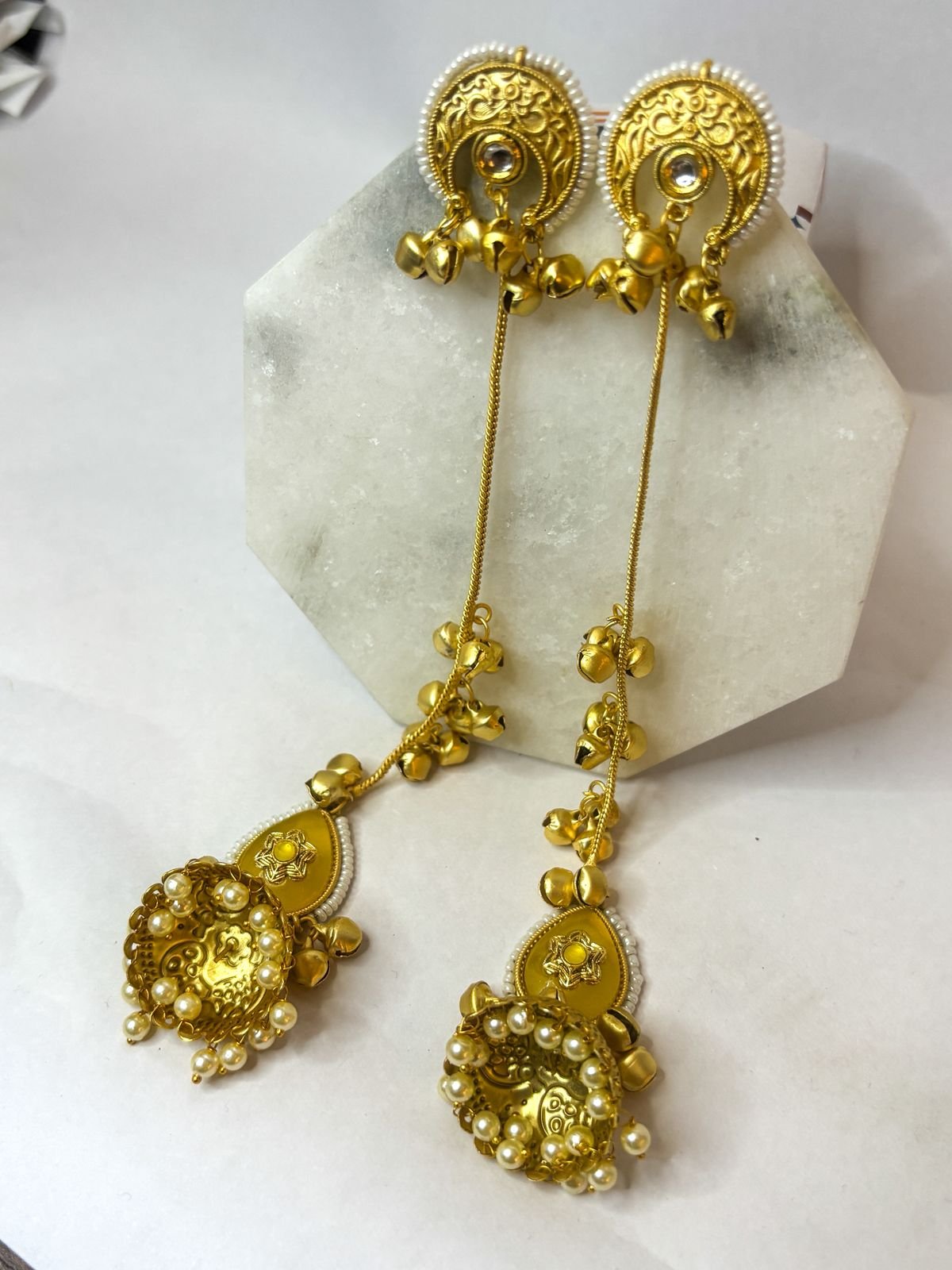 Gulbahar Yellow Kashmiri Long Jhumka Earrings