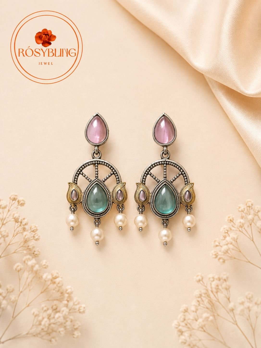Elegant Green Stone & Pearl Drop Earrings